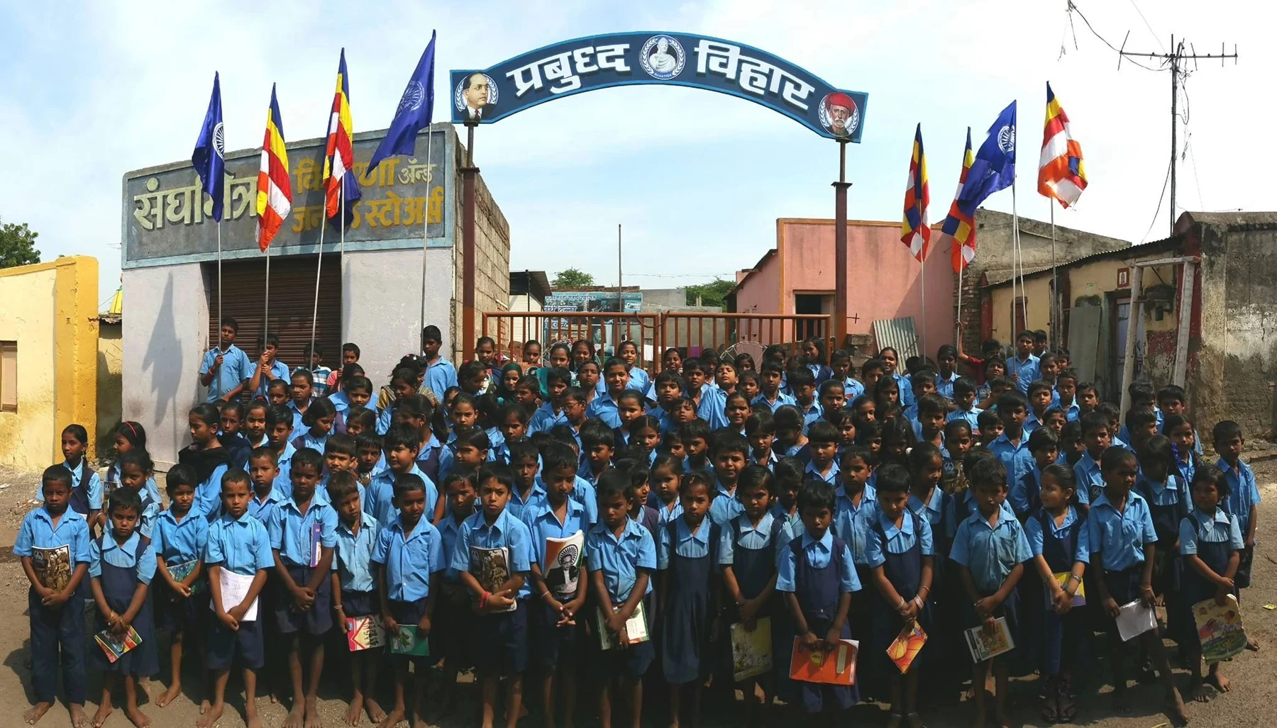 A school group gathered at a public event