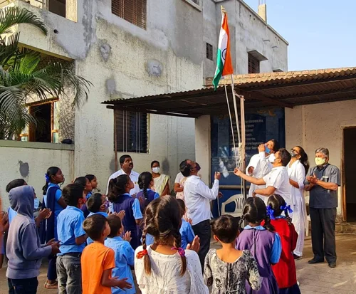 Students and teachers at the Republic Day flag-hoisting ceremony